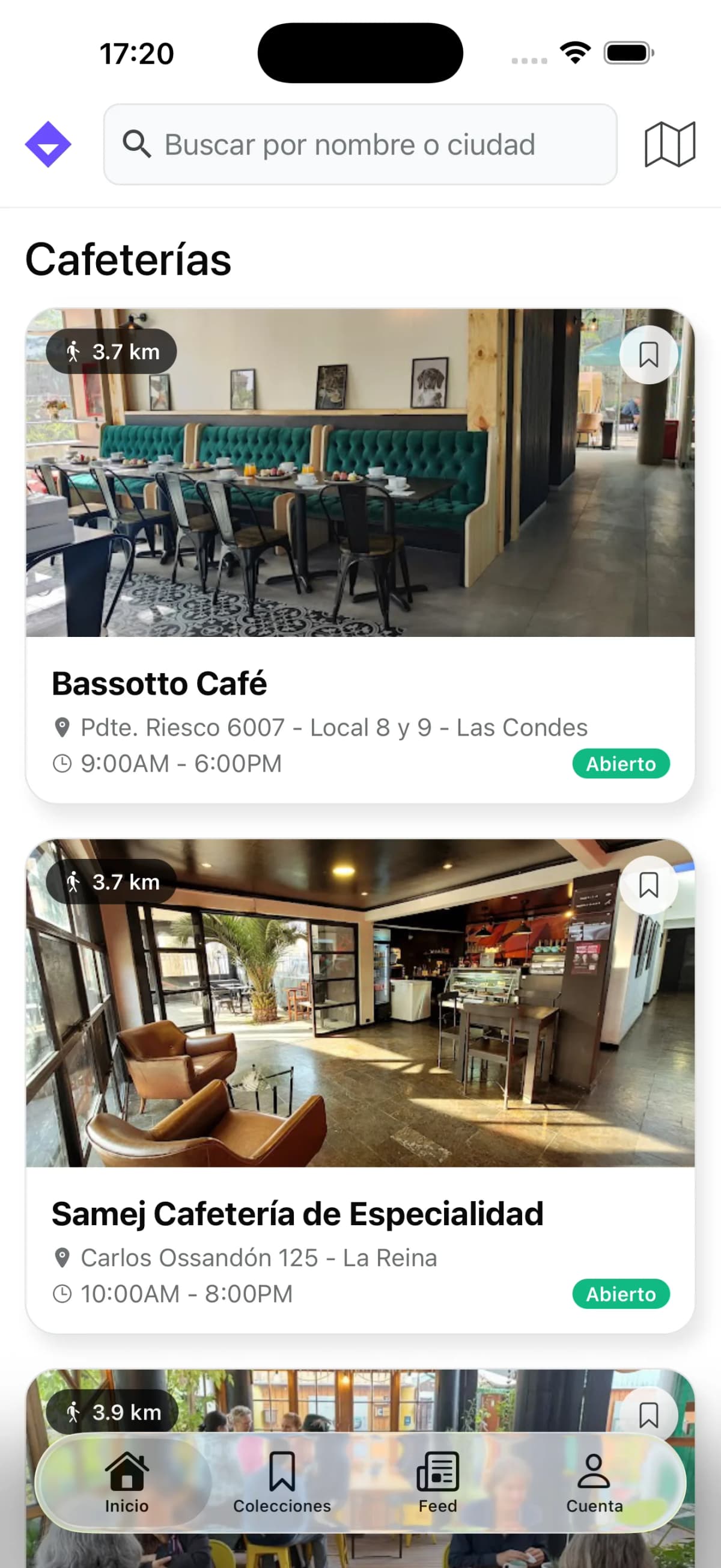 Capturas de pantalla de Coffeed app mostrando cafeterías de especialidad